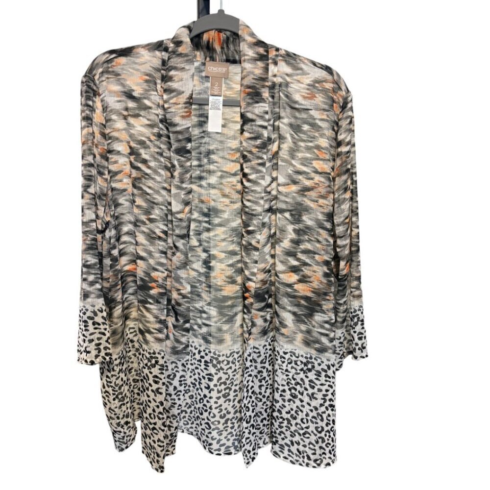 Chico's Animal Print Hem Kimono Cardigan Open Front